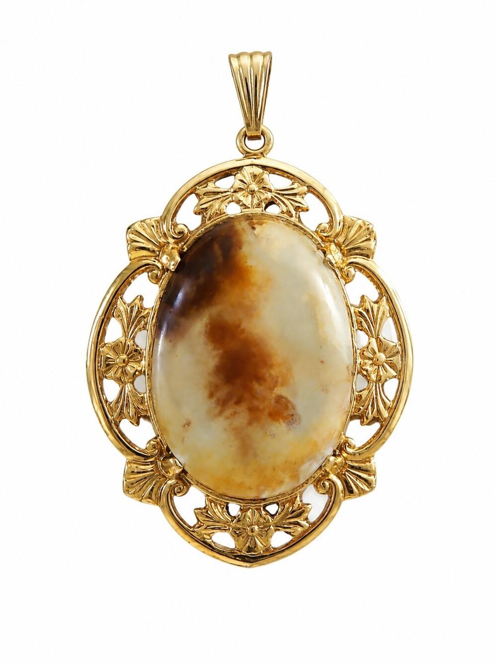 Vintage Gold Tone Ornate Filigree Oval Scenic Plume Agate Pendant